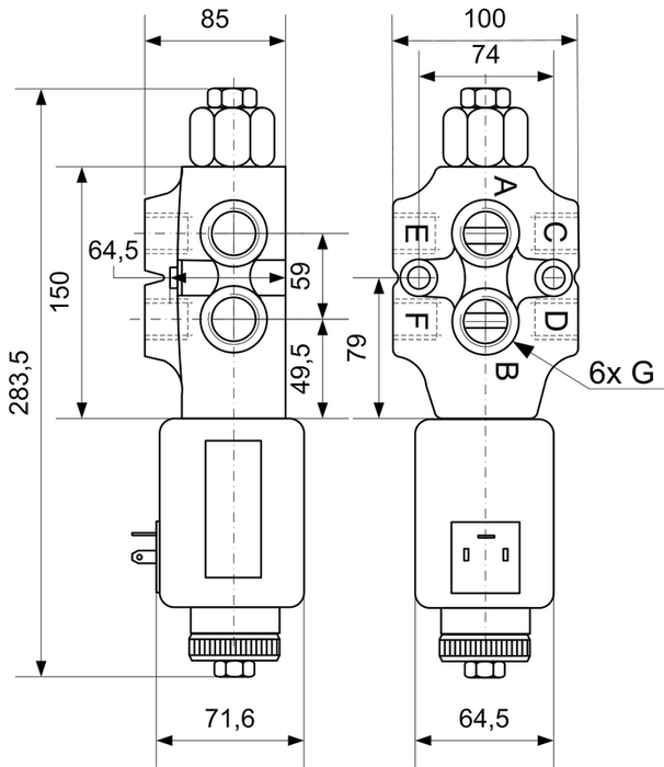 Vanne à tiroir 6/2 voies 1/2" 90L 12V mL 