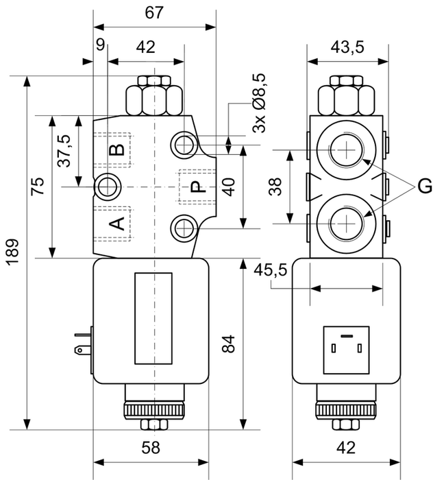 3/2-way slide valve 3/8", 24V, 30L 