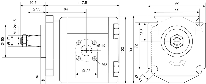 Gear pump 14.6 ccm/rev, left-hand rotation. 