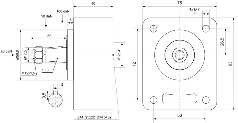 Front bearing BG1, conical shaft 1:8 Ø17.5 