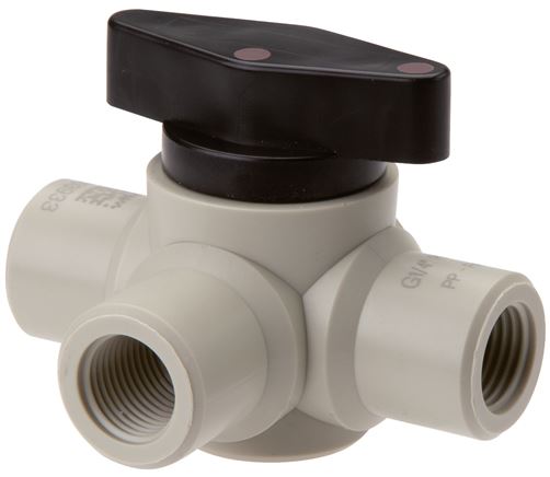 3-way ball valve, polypropylene, G 3/8", PN 10, L-bore (horizontal)