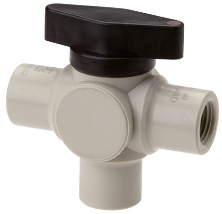 3-way ball valve, polypropylene, G 1/4", PN 10, L-bore (vertical)