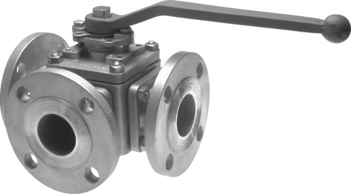 3-way flange ball valve, stainless steel, DN40-PN16 (DIN), T2