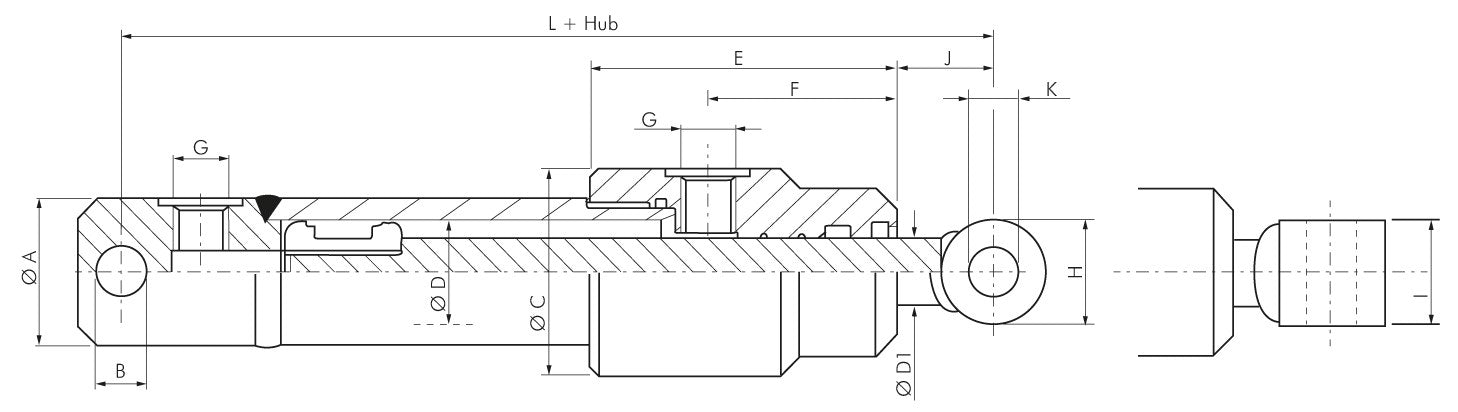 Hydraulikzylinder, Ø 40/30, Hub 500, mit Gelenkkopf