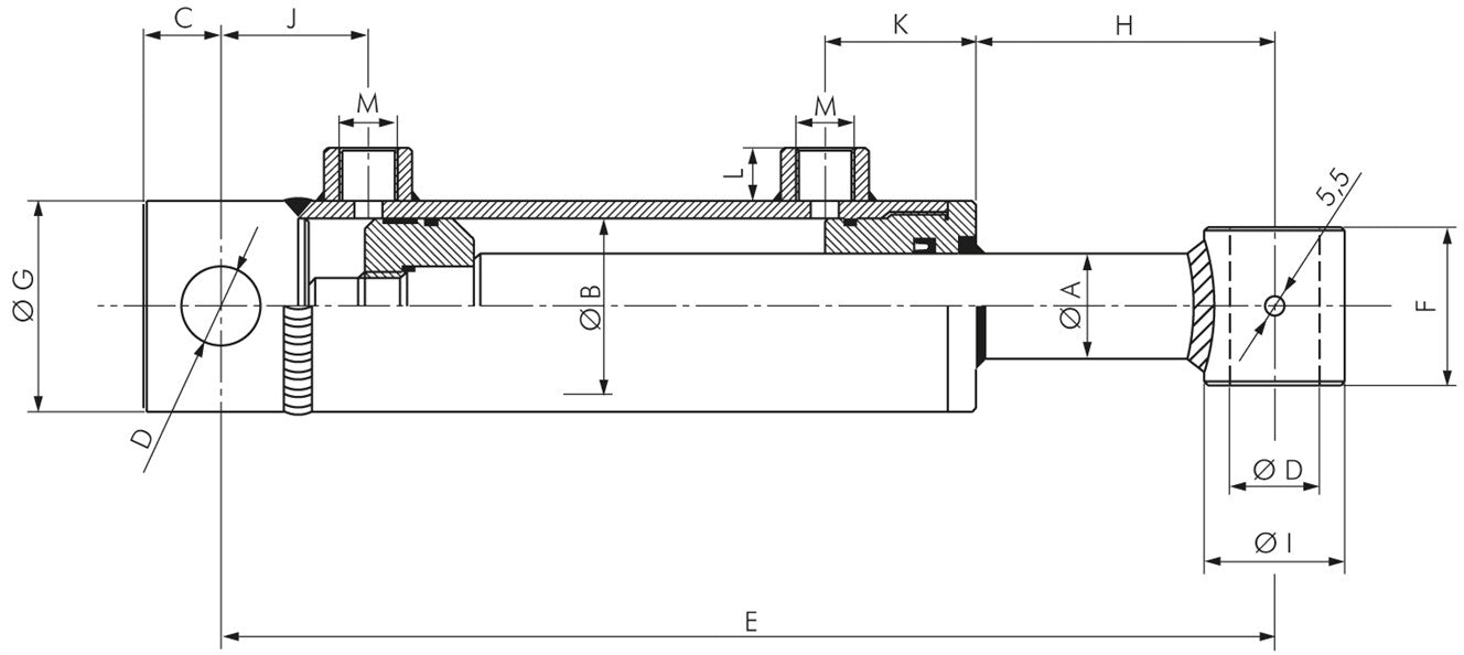 Hydraulikzylinder, Ø 40/25, Hub 500, mit Querbohrung