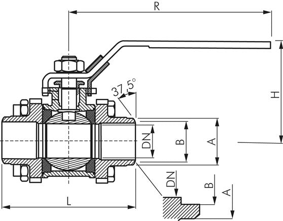 3-piece stainless steel ball valve, weld end 60.3