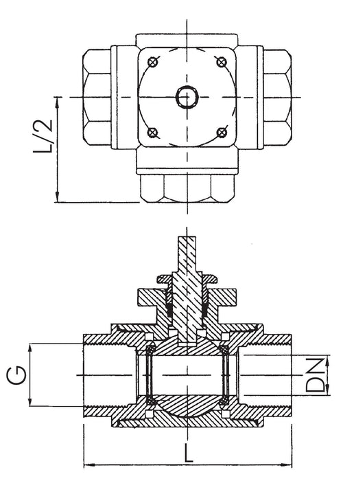 3-way ball valve, direct mounting flange G 1", L bore