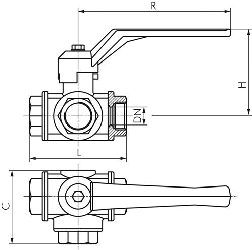 3-way ball valve, brass, T-bore, G 3/8", -0.9 to 55bar