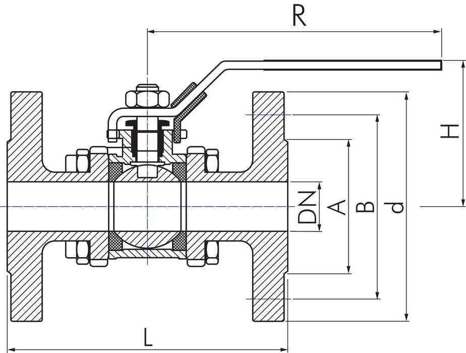 Stainless steel flange ball valve, DN20-PN40 (DIN/EN), 3-part