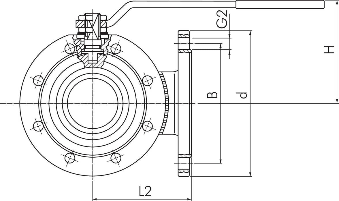 3-way flange ball valve, steel, DN150-PN16 (DIN/EN), L-bore