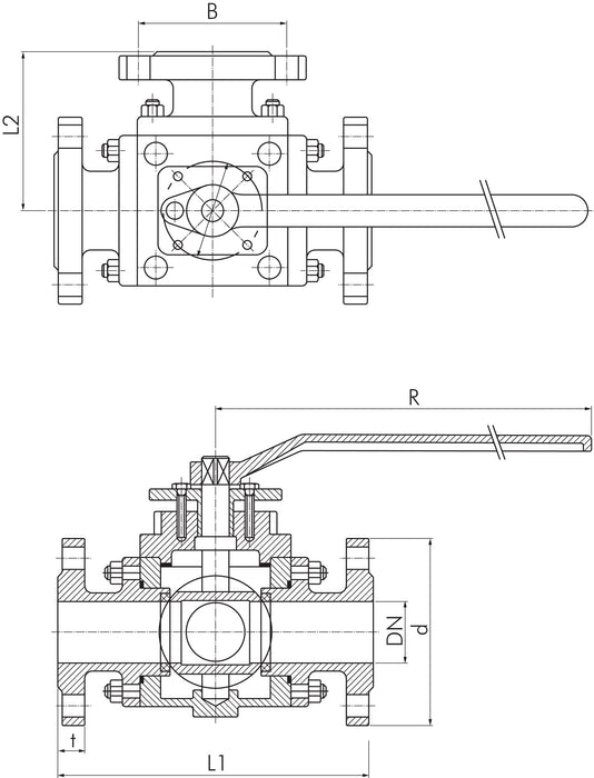 3-way flange ball valve, stainless steel, DN80-PN16 (DIN/EN), T1