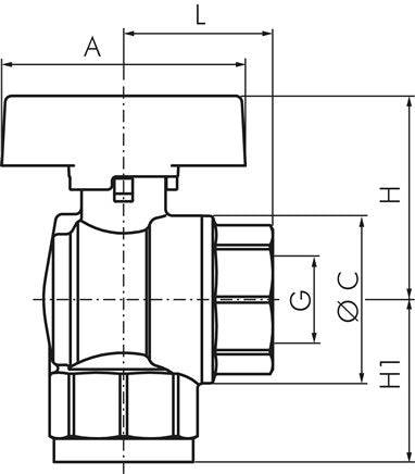 Brass angle ball valve, DVGW, Rp 1", -0.9 to 40bar