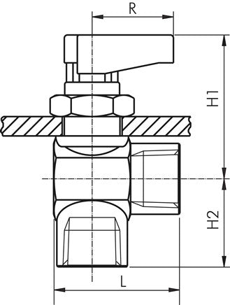 Brass mini angle ball valve, G 1/4", PN 20, switch panel m.