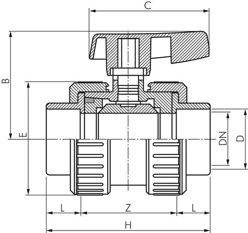 Ball valve, PVC-U / FKM, Rp 1-1/4" (industrial version)