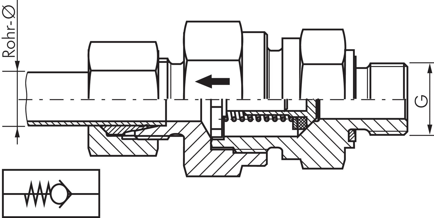 Hydraulik-Rückschlagventil 8 L (M14x1,5)-G 1/4", ohne Mutter & Schneidring, Stahl verzinkt