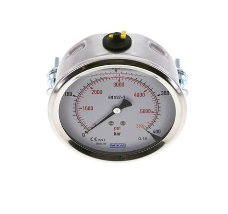 Glycerin built-in pressure gauge, 3kt front ring, 100mm, 0 - 400 bar