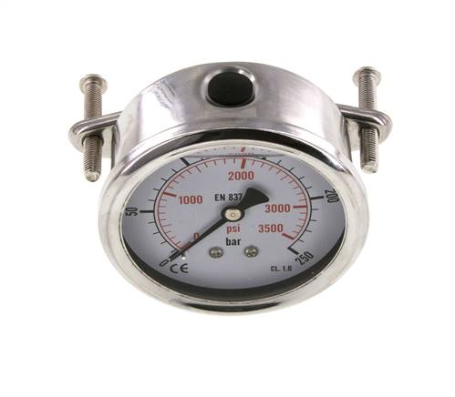 Glycerine built-in pressure gauge, 3kt front ring, 63mm, 0 - 250 bar