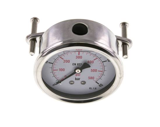 Glycerin built-in pressure gauge, 3kt front ring, 63mm, 0 - 40 bar