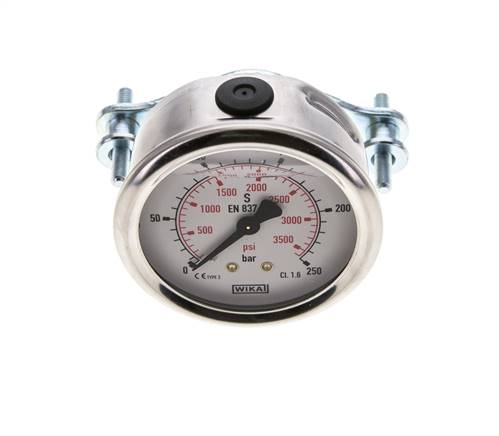 Glycerine built-in pressure gauge, 3kt front ring, 63mm, 0 - 250 bar