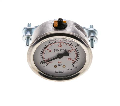 Glycerin built-in pressure gauge, 3kt front ring, 63mm, -1 to 15 bar