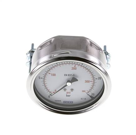 Built-in pressure gauge, 3-sided front ring, 100mm, 0 - 25 bar