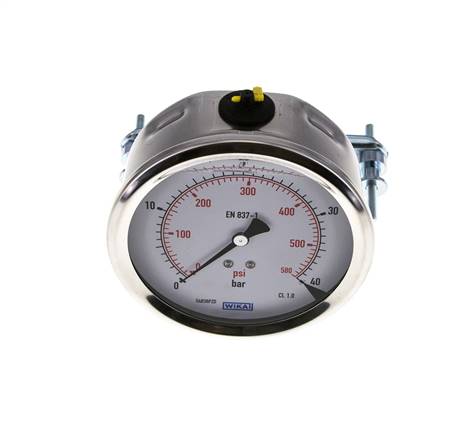 Glycerin built-in pressure gauge, 3kt front ring, 100mm, 0 - 40 bar