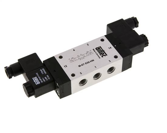 5/3-way solenoid valve, G 1/4", middle position closed, 12 V DC