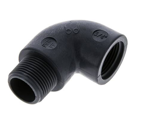 90° screw-in angle G 3/4"(IG)-G 3/4"(AG), polypropylene