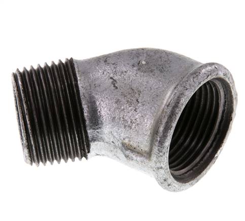 45° screw-in angle Rp 1"(IG)-R 1"(AG), malleable cast iron, galvanized