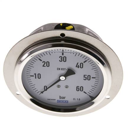 Glycerine built-in pressure gauge, front ring, 100mm, 0 - 60 bar