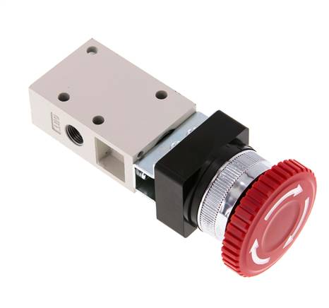 Vanne 3/2 voies G 1/8", bouton d'arrêt d'urgence rouge