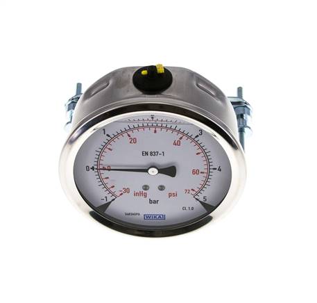 Glycerine built-in pressure gauge, 3kt front ring, 100mm, -1 to 5 bar