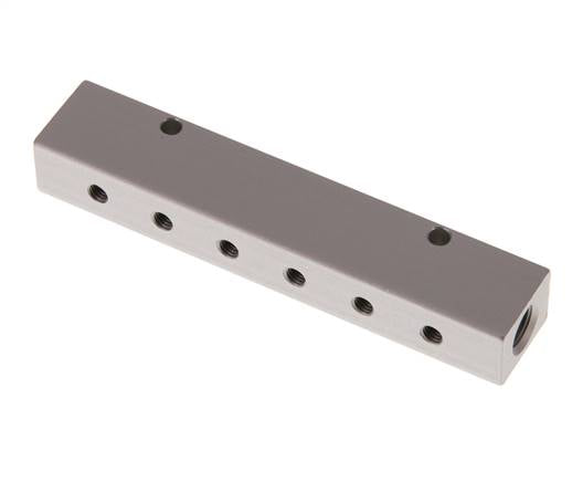 Distribution strip 2x G 1/8"-6x M 5, anodized aluminum
