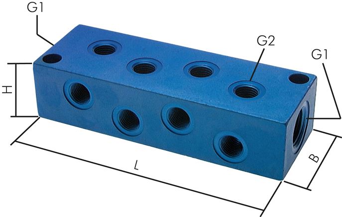 Distribution strip 2x G 3/8"-8x G 1/8", aluminum