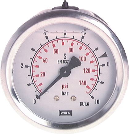 Manomètre à glycérine horizontal (CrNi/Ms), 63mm, 0 - 60bar