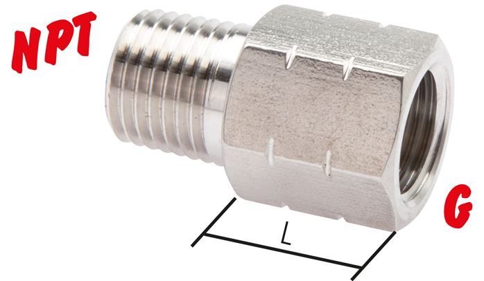 Mamelon réducteur NPT 1/8"(AG)-G 1/8"(IT), 1.4571