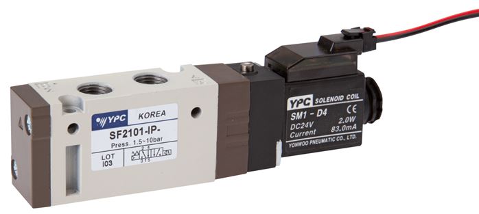 5/2-way solenoid valve, G 1/8", spring return, 24 V DC