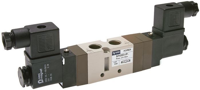 5/3-way solenoid valve, G 1/4", vented in the middle position, 12 V DC