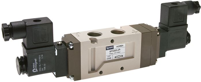 5/3-way solenoid valve, G 3/8", vented in the middle position, 24 V DC