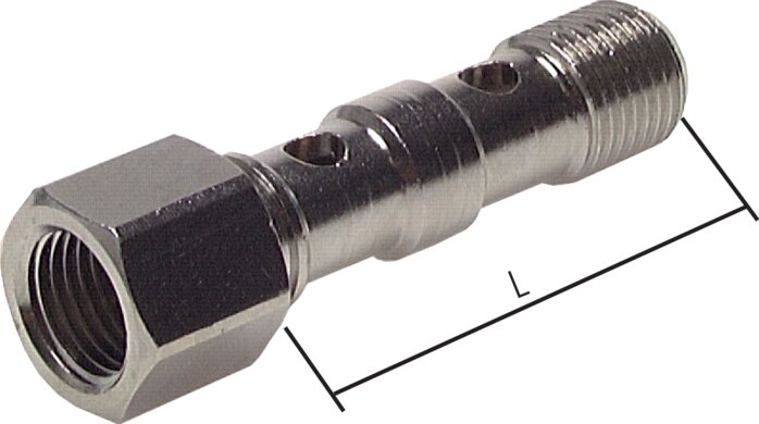 Banjo bolt, double internal thread. G 3/8"-53.8mm, nickel-plated brass