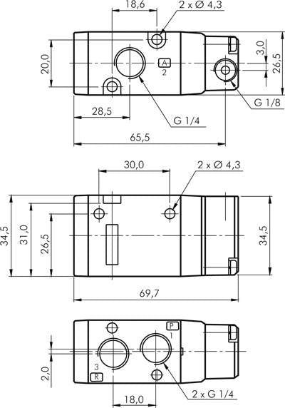 3/2-way pneumatic valve, G 1/4", spring return (NO)