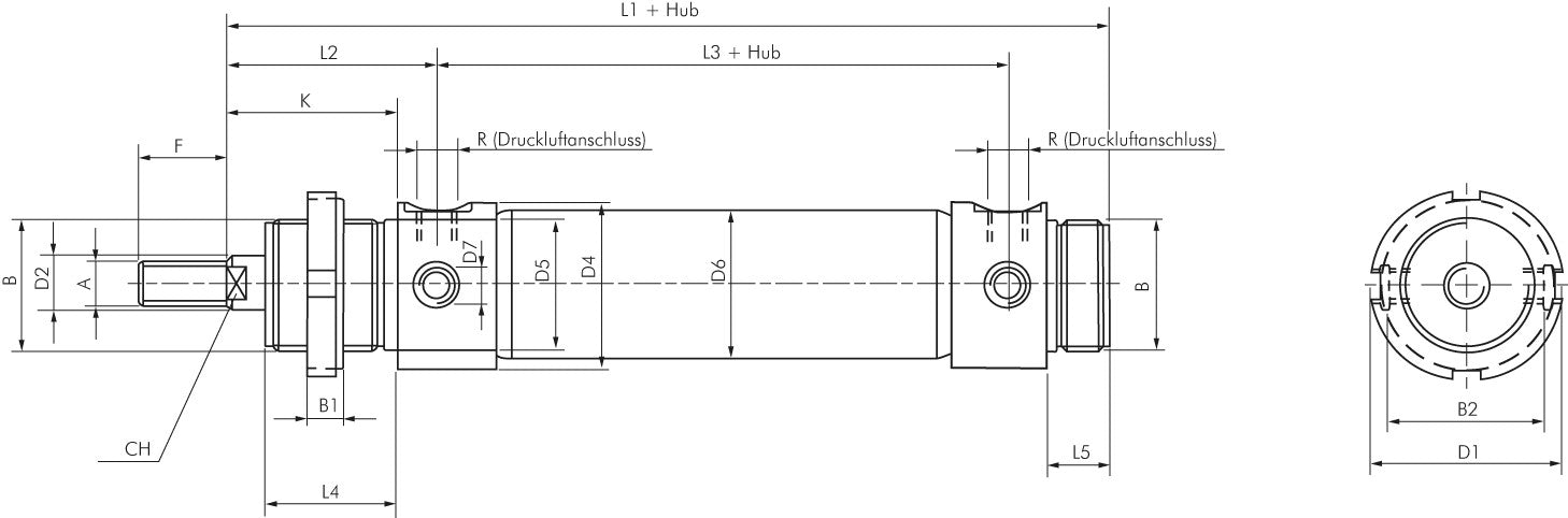 Round cylinder, piston 32 mm, stroke 25 mm