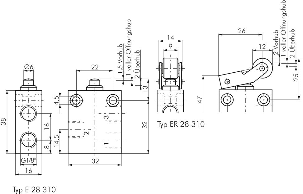 3/2-Wege (NC) Endschalter mit Rollenhebel, G 1/8"