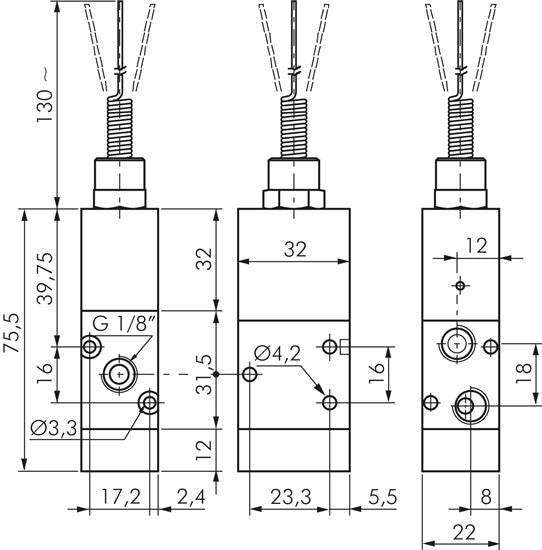 Vanne à ressort, 3/2 voies (NC), G 1/8"