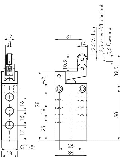 5/2-Wege Endschalter mit Leerrücklaufrolle, G 1/8"