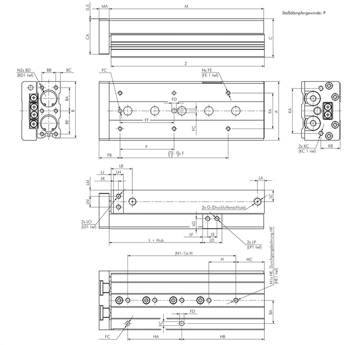 Glissière compacte, piston 8mm, course 50mm, avec limitation de course des deux côtés (amortisseur)