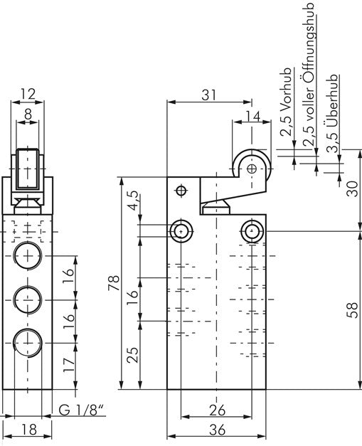 5/2-Wege Endschalter mit Rollenhebel, G 1/8"