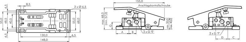 Clapet de pied 5/2 voies, G 3/8", rappel par ressort