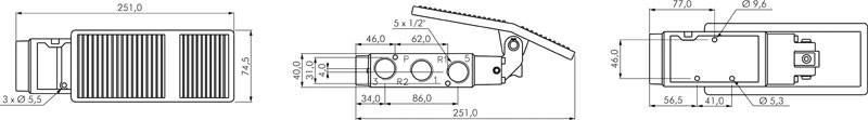 Clapet de pied 5/3 voies (position centrale ventilée), G 1/2", rappel par ressort