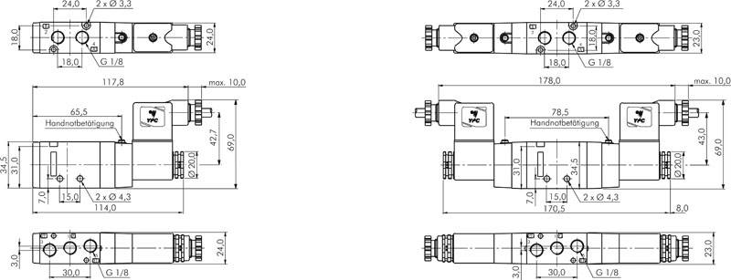 5/2-Wege Magnetventil, G 1/8", Federrückstellung, 24 V AC